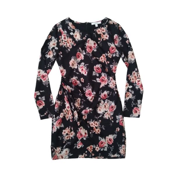 Piperlime Black Floral Pattern Long Sleeve Above Knee Ruched Dress Women's Small - Picture 1 of 12